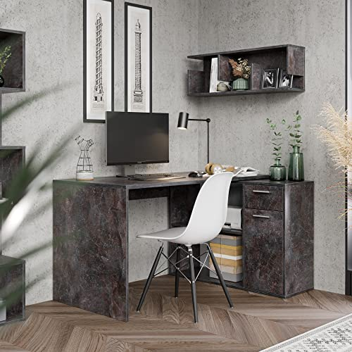 RICOO Eckschreibtisch WM083-BG Bürotisch L Form in Betonoptik – Schreibtisch mit Schubladen und Stauraum für Büro oder Home Office Computertisch 136x101x75 cm modern