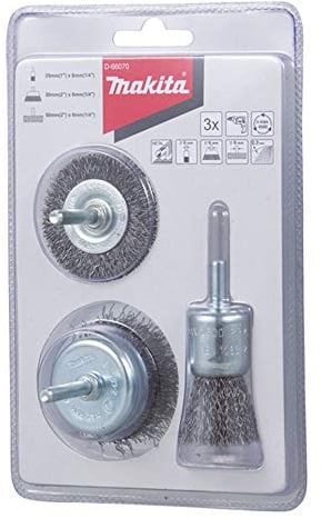 Makita D-66070 Drahtbürsten-Set 3-teilig, zum Entrosten und Reinigen, 1x Pinselbürste Ø 25 mm, 1x Rundbürste Ø 50 mm, 1x Topfbürste Ø 50 mm, 6 mm Rundschaft