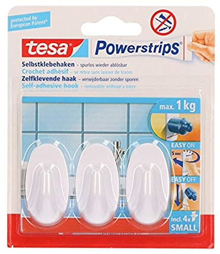 tesa« Klebehaken Powerstrips« Small, oval, selbstklebend, weiß, 3 Haken / 4 Strips (3 Stück), Sie erhalten 1 Packung à 3 Stück