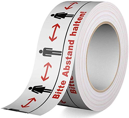 Warnband Klebeband Bitte Abstand Halten 1,5 Meter, Piktogramm Weiss, 50 mm x 66 m