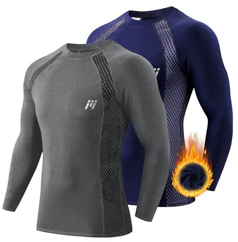 MEETWEE Tee Shirt Thermique Homme, Manche Longue Maillot de Compression Base Layer sous-Vêtements Thermique pour Sports Ski Running Lot de 2, Gris et Bleu, Taille L