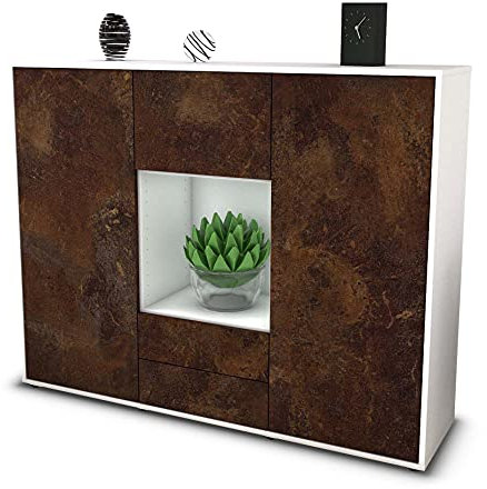 Stil.Zeit Highboard Kommode Rella, Korpus Weiss matt, Front Industrie-Design Rost (136x108x35cm), Push-to-Open Technik & Leichtlaufschienen