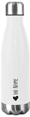 Trinkflasche Edelstahl selbst gestalten mit Name & Herz Symbol - Thermosflasche, Wasserflasche BPA-frei, Camping, Schule, Sport I Personalisiertes Geschenk für Familie und Freunde - Weiß, 500 ml