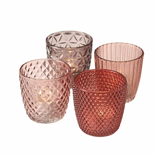 Spetebo Glas Teelichthalter transparent rosa - 4er Set / 7 cm - Deko Windlicht Retro Tischdeko Teelicht Halter