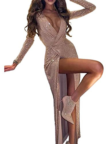 SHINROAD Dress for women shiny and charming Deep V-Neck Long Sleeve Maxi Dress Slim Fit show slender figure High Split Glitter Wrap Party Lady Dress for Bar Champagne L