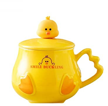 SANHUA Cartoon Little Yellow Duck Mug with Lid Spoon Milk Coffee Mug 450ml Couple Cute Ceramic Mug 4pcs-Little yellow duck