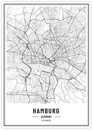 Städteposter Hamburg in schwarz-weiß · Wandbild mit Stadtplan · DIN A4 (21x29,7cm) · als Dekoration oder Geschenkidee · Var. B