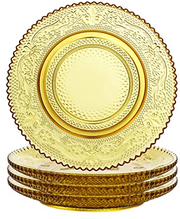 Sizikato 4pcs Amber Glass Snack Plate with Lace Trim, 6-Inch Dried Fruit Plate Dessert Plate for Home and KTV