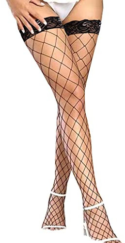 Fohevers Fishnet Stockings for Women Lace Top Plus Size Thigh High Hold Ups Silicone Large Net