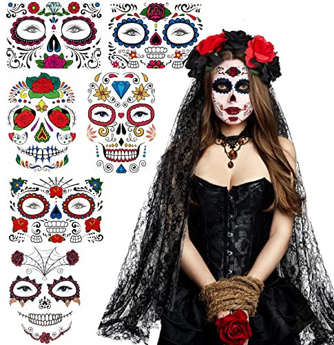 Halloween Tag der Toten Haarreif mit Schleier + 6*Gesichtstattoo, Dia De Los Muertos Rose Blumenschleier Stirnband Mexikanische Haarband für Halloween Fasching Maskerade Cosplay Party