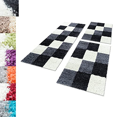 Carpettex Bettumrandung Schlafzimmer 3teilig Shaggy Teppich Hochflor Karo Muster Schwarz Bettset:2 mal 60x110 + 1 mal 80x250 - Bettvorleger Schlafzimmer Läuferset Weich Langflor Bettumrandung Teppich