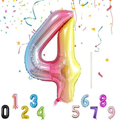 Luftballon mit Strohhalm 100cm-40 XXL Riesen Folienballon für Geburtstagsdeko Jubiläum, Helium Zahlenballon für Deko zum Party, Wiederverwendbare Folienballons - Gradient Zahlen 4 Luftballon