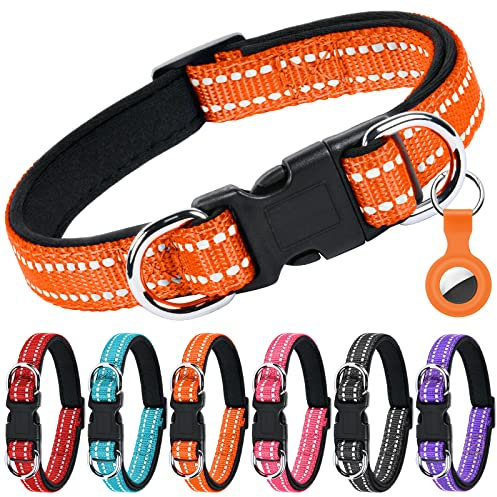 AUAUY Reflektierend Halsband Hund, Verstellbares Atmungsaktives Hundehalsband, Weich Gepolstertes Neopren Nylon Hunde Halsband mit AirTag-Hülle Doppel-D-Ring für Kleine Mittel Große Hunde(Orange-L)