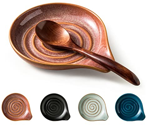 Cormomu Spoon Rest, Ceramic Cooking Spoon Holder for Kitchen Counter, Large Utensil Rest for Spoons, Ladles, Tongs, Spatula, 5 Inches (Reactive Red Glazed)