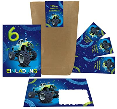 12 Einladungskarten zum 6. Kindergeburtstag Einladung sechste Geburtstag Jungen Auto Monster-Truck incl. 12 Umschläge, 12 Tüten, 12 Aufkleber