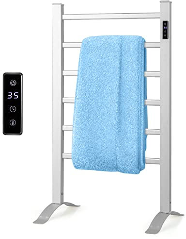 COSTWAY Calentador de Toallas 2 en 1, Toallero Eléctrico con 6 Barras Independiente/Montado en Pared, Temporizador, Pantalla LED, Protección contra Sobrecalentamiento, Aluminio (105W, 30℃-60℃)