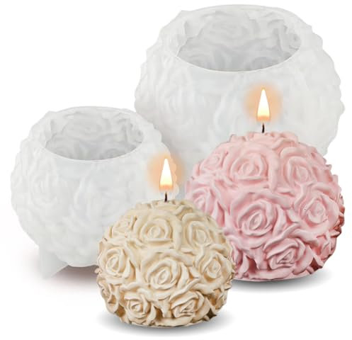 Yuragim 2 Stück Rosenkugel Kerzenform Silikon, 3D Blumen Kerzen Silikonform Kerzengießformen, Kerzenformen zum Gießen DIY Kerzen Gießen Formen für Duftkerze, Valentinstag Dekorative Ornamente