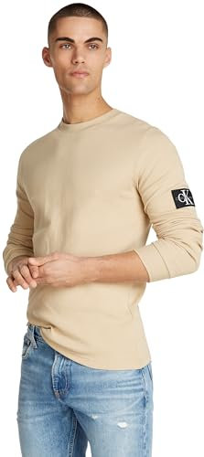 Calvin Klein Jeans Men's Badge Waffle Basic Long Sleeve Top, Beige (Pale Khaki), XXS