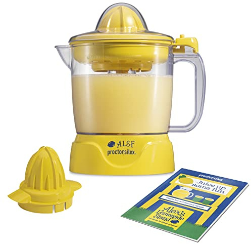 Proctor Silex Alex's Lemonade Stand Electric Citrus Juicer Machine, Large 34 oz. Pitcher, Pressure Activated, for Lemons, Limes and Oranges, 34 oz, Includes 2 Reamers & Recipe Book, Yellow (66341)