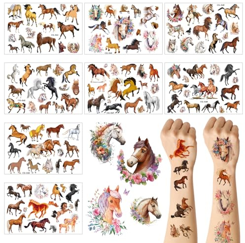 Pferdemuster Tattoo Kinder, 8PCS Temporäre Tattoos für Kinder, Pferde Aufkleber Mitgebsel Kindergeburtstag, Wasserdichte Sticker Tatoos Aufkleben Geburtstag Geschenke für Mädchen Jungen Jugendliche
