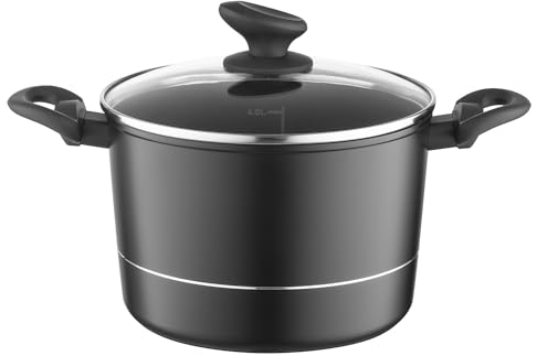 FLORINA Aluminium Topf (5 l) 22 cm I Kochtopf DELUX mit Glasdeckel I Messbecher & Antikratz-Beschichtung I Hoher Topf mit Induktionsboden I Induktionsherd, Gasherd, Elektroherd (Schwarz)