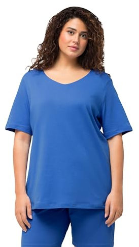 Ulla Popken Damen große Größen Übergrößen Plus Size Shirt, doppellagige Vorderseite, Slim, Rundhals, Halbarm Mittelblau 46+ 810528731-46+