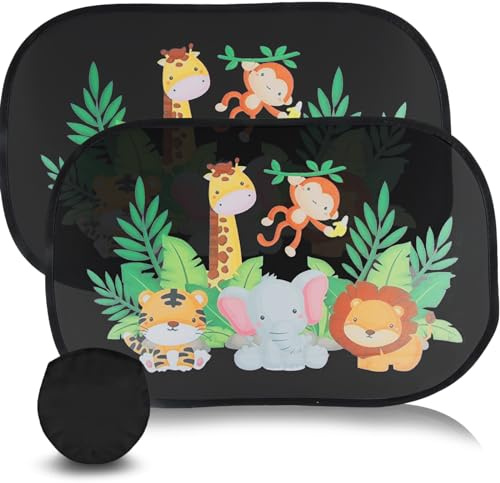 dellyy Sonnenschutz Auto Baby, 2 Stück Sonnenblende mit UV Schutz, 48x30cm Autoscheiben Sonnenschutz, Adsorbierbare Folie, Faltbar und Tragbar, mit süßen Tier Motiven
