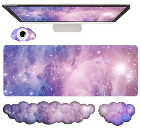 Cloud Handgelenkauflage, Tastatur, violett, Wolke, Mauspad-Set, 4 Stück, Galaxie, große Schreibtischunterlage, ergonomischer Raum, Handgelenkauflage, Memory-Schaum, rutschfeste Handgelenkauflage für