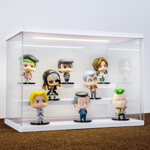AZEYN Acryl Vitrine mit LED Beleuchtung, 3/4/5/6 Stufen Staubdicht Schaukasten für Minifiguren, Display Case Box für Modellautos Collectibles (Weiß 3 Stufen 32×18×23cm)