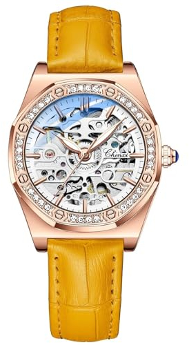 FENKOO Hohle vollautomatische mechanische Damenuhr, modische Diamant-Stahlband wasserdichte leuchtende Uhr (Farbe : Orange)