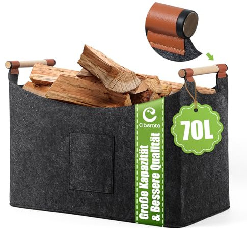 Ciberate Panier à bois de chauffage en feutre extra épais et poignée renforcée - Panier en feutre pliable - Sac de rangement pour bois, courses (XXL 70 L (55 x 32 x 40 cm)