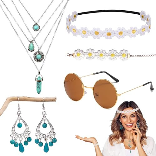 GYHWOFUL 5 Stück Hippie Kostüm Set, 60er 70er Jahre Damen Bekleidung, Abba Mode Kostüm, böhmen Stil Party Outfit mit Sonnenbrille, Flower Power Kleidung Accessoires