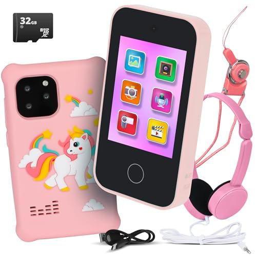 kidilulu Jouet téléphone pour enfants | Jouet téléphone à écran tactile avec jeux, lecteur MP3 et carte SD de 32 Go | Faux téléphones pour enfants de 3 à 8 ans | Cadeau d'anniversaire pour filles |