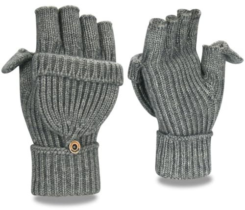 Yaopelky Fingerlose Winterhandschuhe für Damen und Herren, halbe und volle Glitzer-Strick-Fäustlinge Daumen mit Kappe, wandelbarer Thermo-Fäustling, Grau (Daumen mit Kappe), One Size for most adults