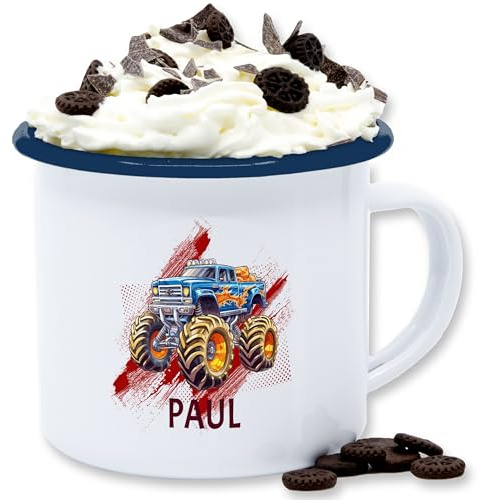 Emaille Tasse Blechtasse - Auto - Monstertruck mit Name | Monster Truck Personalisiert | Riesentruck - 300 ml - Weiß Blau - cars automotiv becher autos motiv tassen automotive personalisieren car