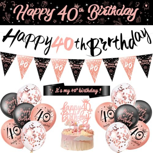40th Birthday Party Decorations With Banner, Balloons, Cake Toppers and Sash - Black and Rose Gold Party Supplies