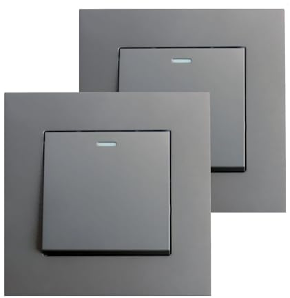 Lot de 2 interrupteurs à 2 voies, interrupteur à bascule avec points phosphoreux, panneau mural moderne gris brillant, interrupteur électrique unique, 2 voies, 1 groupe, 16 A 250 V