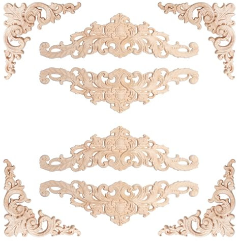 Keboyoe 8 Pcs Wood Appliques and Onlays - Wood Carved Corner Onlay Applique Decorative Mouldings for Furniture Cabinet Door - 12 * 12 cm, 30 * 8 cm