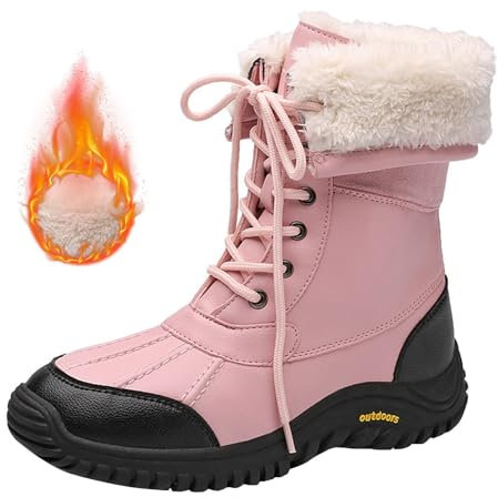 SRTUMEY Bottes de neige pour femme entièrement doublées de fausse fourrure - Bottes de neige imperméables à lacets pour femme, rose vif, 40 EU