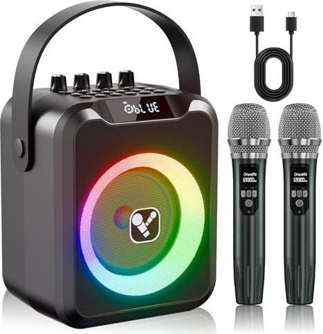 Portable Karaoke Machine with 2 Wireless Microphones, Karaoke Machine for Adults & Kids,Rechargeable Karaoke Microphone with 6 Voice Changer,Karaoke Speaker Supports Bluetooth,USB (Black)
