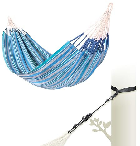 LA SIESTA® Modesta Bio-Baumwoll Hängematte & Baum- & Pfosten-Befestigung, Gurten für Baumen Balken Pfosten - Indoor Outdoor Hängematte für Garten Balkon - Hängematte für 2 Personen - Kingsize, Azure