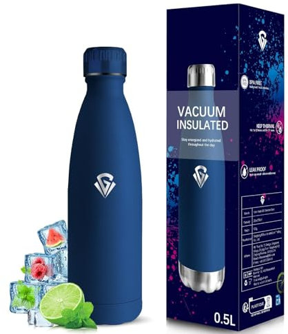 Grsta Borraccia Termica, Borraccia 500 ml, Senza BPA, Borraccia Acciaio Inox, Senza Perdite, Borraccia 0,5 litri, Acciaio Inossidabile 18/8, Borraccia Metallo per Scuole, Campeggio, Viaggio, Blu scuro