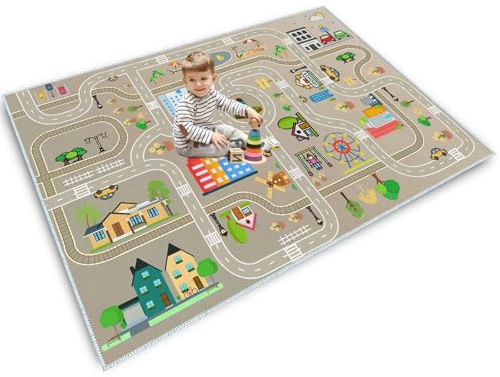 Autoteppich kinder,spielteppich kinder straße,kinderteppich für Jungen&Mädchen,Spielmatte Fahrzeugteppich Bauteppich,Stadt Lernbereich Teppich Pädagogisch für Schlafzimmer&Spielzimmer(B,100x160cm)