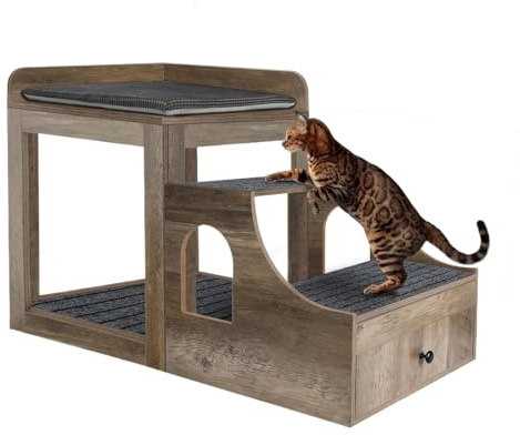 Large Pet Bunk Bed for Cats, Multi-Level Pet Window Perch Seat Platform with Removable Stairs and Mats for Cats and Dogs, Pet Bed Couch with Drawers for Bedside, Home, Indoor Use, Grey