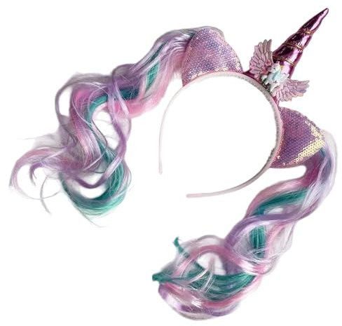 Fcnjsao Serre-tête à cornes à paillettes avec perruques pour filles, joli bandeau sur le thème des personnages de dessin animé pour fête d'anniversaire d'enfants