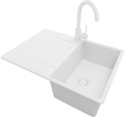 PRIMAGRAN Fregadero Granito Todo Blanco 70x50cm, Cocina 1 Seno + Grifo 32x20cm + Sifón, Sobre encimera al mueble 40cm - Copenhague