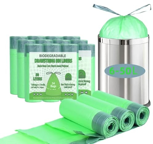 54 Sacs Poubelles Biodégradables 50L avec Liens Coulissants, Sacs pour Composteur 54 Pièces Sacs pour Déchets Alimentaires de Cuisine