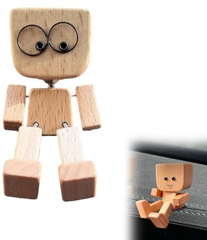 FYKTIK Shaking Wooden Man Figurine, Handmade Wooden Dashboard Toy with 12 Funny Faces, Swaying Car Ornament, Magnetic Bobble Figure, for Friends and Family (1PCS)