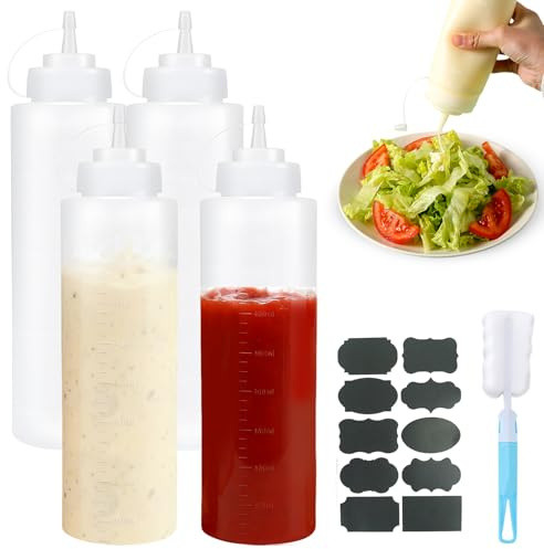 BJHYIZ 4 Pcs 1000ml Squeeze Bottles, Sauce Bottles Squeeze Plastic Condiment Bottle Squeezy Condiment Dispense Squirt Bottle Oil Container for Sauces Ketchup Barbecue
