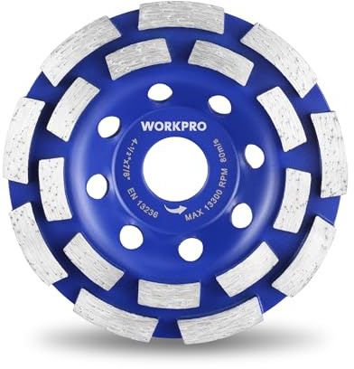 WORKPRO 115 mm Diamond Grinding Cup Wheel, Double Row Disc for Concrete | 18 Diamond Segments, Reinforced Steel Body, Fast Material Removal for Concrete Grinding, Angle Grinder Compatible